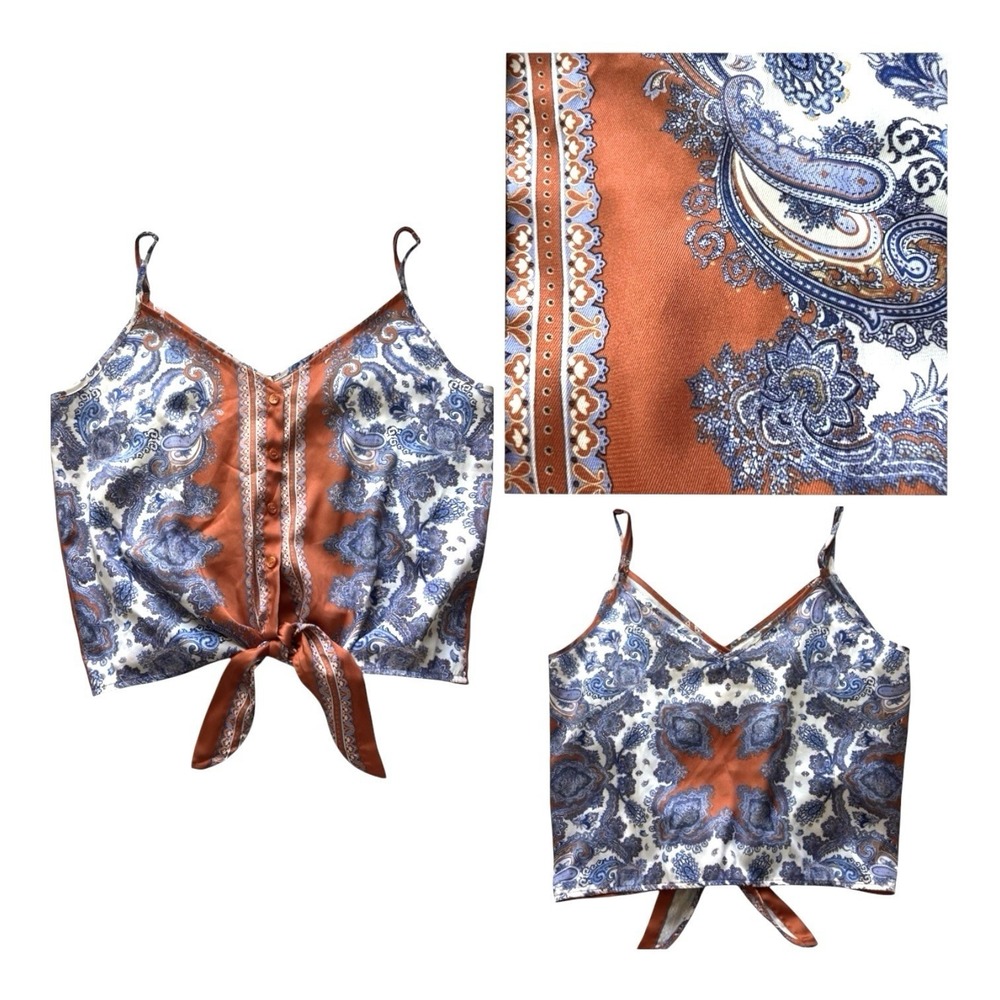 Women's H&M Rust/Blue Paisley Cami Tank Top Button Up‎ Size 8/M Boho Western